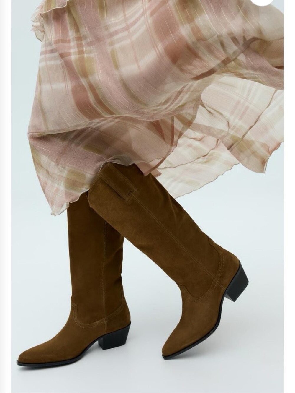 ZARA New Suede Leather Cowboy Boots Brown Knee High Western Booties Euro 40 US 9